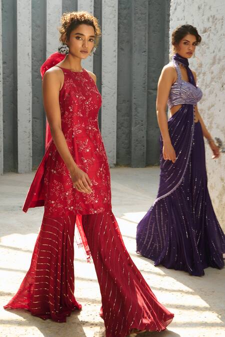 Shop Chamee And Palak Red Georgette, Silk, Net Sequins, Beads Round Neck Embroidered Kurta Sharara Set Online at Aza Fashions Shop_Chamee And Palak_Red Georgette, Silk, Net Sequins, Beads Round Neck Embroidered Kurta Sharara Set _Online_at_Aza_Fashions