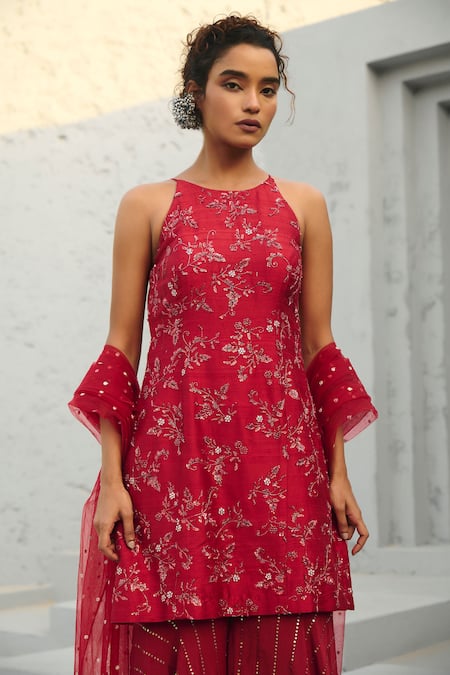 Buy Chamee And Palak Red Georgette, Silk, Net Sequins, Beads Round Neck Embroidered Kurta Sharara Set Buy_Chamee And Palak_Red Georgette, Silk, Net Sequins, Beads Round Neck Embroidered Kurta Sharara Set