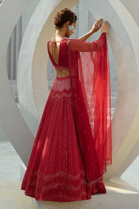 Shop Chamee And Palak Red Organza, Silk Zari, Beads, Embroidery Geometric Embellished Lehenga Set at Aza Fashions Shop_Chamee And Palak_Red Organza, Silk Zari, Beads, Embroidery Geometric Embellished Lehenga Set _at_Aza_Fashions