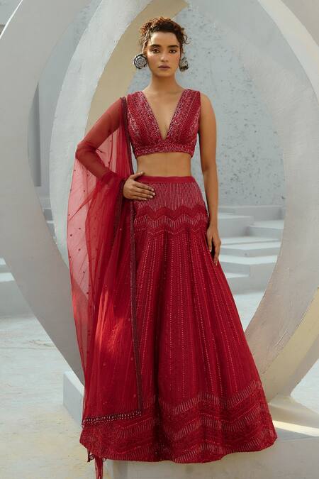 Chamee And Palak Red Organza, Silk Zari, Beads, Embroidery Geometric Embellished Lehenga Set Online at Aza Fashions Chamee And Palak_Red Organza, Silk Zari, Beads, Embroidery Geometric Embellished Lehenga Set _Online_at_Aza_Fashions