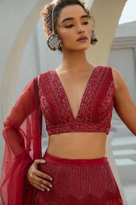 Buy Chamee And Palak Red Organza, Silk Zari, Beads, Embroidery Geometric Embellished Lehenga Set Online at Aza Fashions Buy_Chamee And Palak_Red Organza, Silk Zari, Beads, Embroidery Geometric Embellished Lehenga Set _Online_at_Aza_Fashions