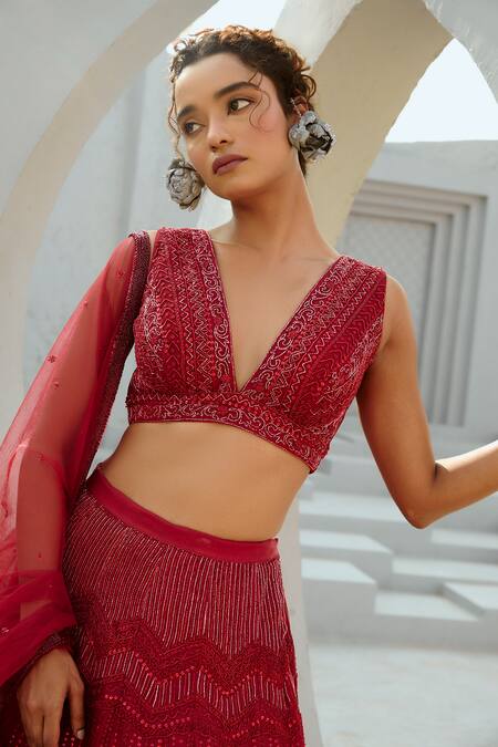Shop Chamee And Palak Red Organza, Silk Zari, Beads, Embroidery Geometric Embellished Lehenga Set Online at Aza Fashions Shop_Chamee And Palak_Red Organza, Silk Zari, Beads, Embroidery Geometric Embellished Lehenga Set _Online_at_Aza_Fashions
