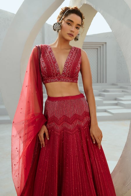 Chamee And Palak Red Organza, Silk Zari, Beads, Embroidery Geometric Embellished Lehenga Set at Aza Fashions Chamee And Palak_Red Organza, Silk Zari, Beads, Embroidery Geometric Embellished Lehenga Set _at_Aza_Fashions