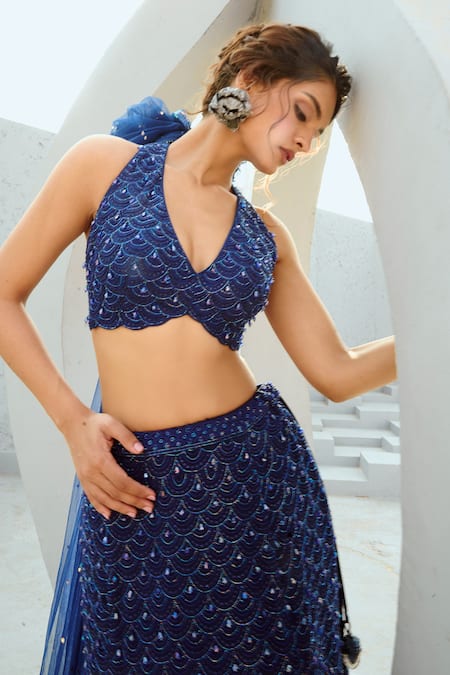 Chamee And Palak Blue Crepe, Silk, Net Sequins, Beads Deep Scallop Embellished Lehenga Set at Aza Fashions Chamee And Palak_Blue Crepe, Silk, Net Sequins, Beads Deep Scallop Embellished Lehenga Set _at_Aza_Fashions