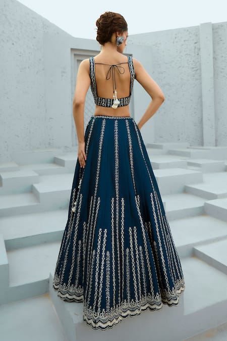 Chamee And Palak Blue Silk, Net Mirrors, Embroidery, Zari, Geometric Embellished Lehenga Set Online at Aza Fashions Chamee And Palak_Blue Silk, Net Mirrors, Embroidery, Zari, Geometric Embellished Lehenga Set _Online_at_Aza_Fashions