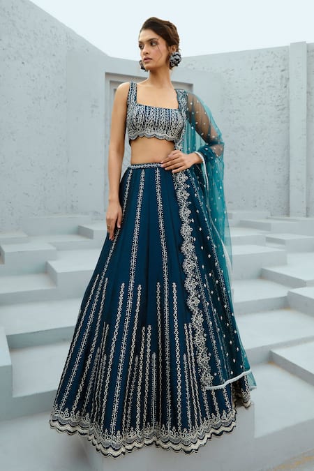 Shop Chamee And Palak Blue Silk, Net Mirrors, Embroidery, Zari, Geometric Embellished Lehenga Set Online at Aza Fashions Shop_Chamee And Palak_Blue Silk, Net Mirrors, Embroidery, Zari, Geometric Embellished Lehenga Set _Online_at_Aza_Fashions