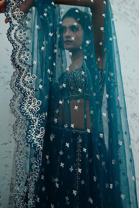 Buy Chamee And Palak Blue Silk, Net Mirrors, Embroidery, Zari, Geometric Embellished Lehenga Set Buy_Chamee And Palak_Blue Silk, Net Mirrors, Embroidery, Zari, Geometric Embellished Lehenga Set