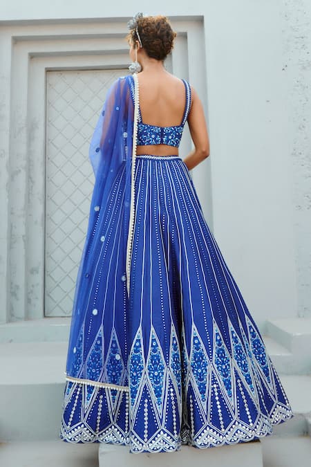 Chamee And Palak Blue Silk, Net Embroidery, Mirrors V-neck Floral Lehenga Set Online at Aza Fashions Chamee And Palak_Blue Silk, Net Embroidery, Mirrors V-neck Floral Lehenga Set _Online_at_Aza_Fashions