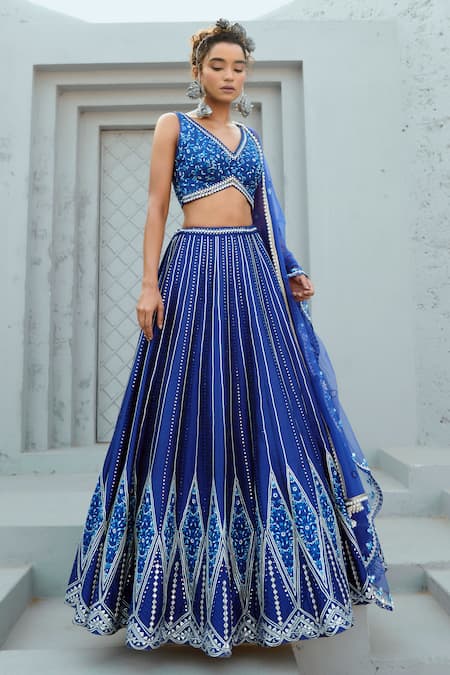Buy Chamee And Palak Blue Silk, Net Embroidery, Mirrors V-neck Floral Lehenga Set Online at Aza Fashions Buy_Chamee And Palak_Blue Silk, Net Embroidery, Mirrors V-neck Floral Lehenga Set _Online_at_Aza_Fashions