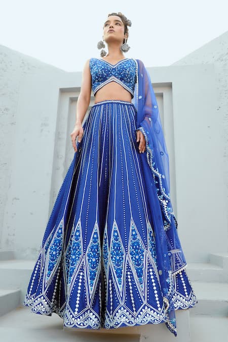 Buy Chamee And Palak Blue Silk, Net Embroidery, Mirrors V-neck Floral Lehenga Set Buy_Chamee And Palak_Blue Silk, Net Embroidery, Mirrors V-neck Floral Lehenga Set