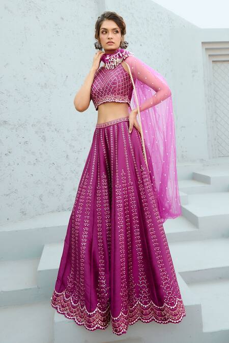 Shop_Chamee And Palak_Magenta Silk, Net Embroidery, Mirrors Halter Neck Resham Palazzo Set _Online_at_Aza_Fashions