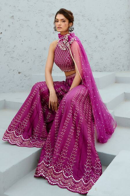Buy_Chamee And Palak_Magenta Silk, Net Embroidery, Mirrors Halter Neck Resham Palazzo Set 