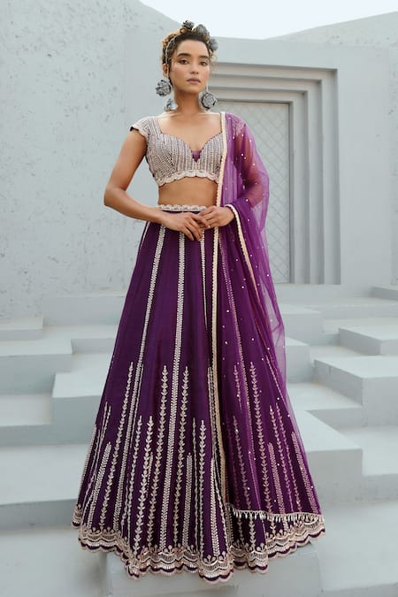 Shop Chamee And Palak Purple Silk, Net Embroidery, Beads, Stones Sweetheart Floral Linear Lehenga Set Online at Aza Fashions Shop_Chamee And Palak_Purple Silk, Net Embroidery, Beads, Stones Sweetheart Floral Linear Lehenga Set _Online_at_Aza_Fashions
