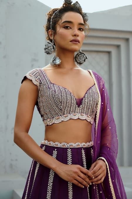 Chamee And Palak Purple Silk, Net Embroidery, Beads, Stones Sweetheart Floral Linear Lehenga Set at Aza Fashions Chamee And Palak_Purple Silk, Net Embroidery, Beads, Stones Sweetheart Floral Linear Lehenga Set _at_Aza_Fashions