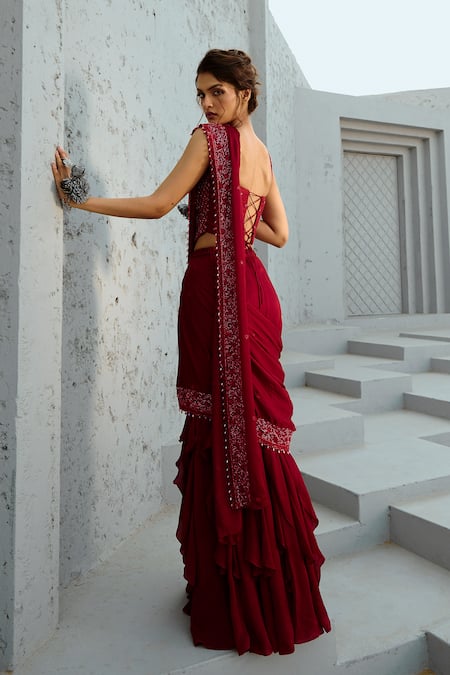 Chamee And Palak Red Chiffon, Silk Beads Square Neck Embellished Pre-draped Saree Set Online at Aza Fashions Chamee And Palak_Red Chiffon, Silk Beads Square Neck Embellished Pre-draped Saree Set _Online_at_Aza_Fashions