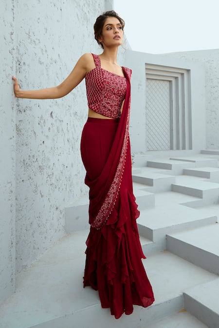 Buy Chamee And Palak Red Chiffon, Silk Beads Square Neck Embellished Pre-draped Saree Set Online at Aza Fashions Buy_Chamee And Palak_Red Chiffon, Silk Beads Square Neck Embellished Pre-draped Saree Set _Online_at_Aza_Fashions