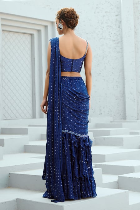 Chamee And Palak Blue Georgette, Silk Beads, Stones, Sequins Embellished Pre-draped Saree Set Online at Aza Fashions Chamee And Palak_Blue Georgette, Silk Beads, Stones, Sequins Embellished Pre-draped Saree Set _Online_at_Aza_Fashions