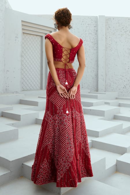 Chamee And Palak Red Silk, Net Sequins, Beads Floral Embellished Lehenga Set Online at Aza Fashions Chamee And Palak_Red Silk, Net Sequins, Beads Floral Embellished Lehenga Set _Online_at_Aza_Fashions