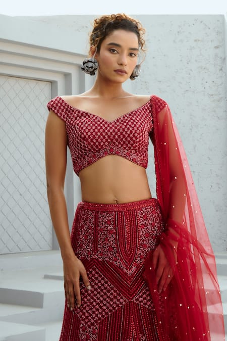 Shop Chamee And Palak Red Silk, Net Sequins, Beads Floral Embellished Lehenga Set Online at Aza Fashions Shop_Chamee And Palak_Red Silk, Net Sequins, Beads Floral Embellished Lehenga Set _Online_at_Aza_Fashions