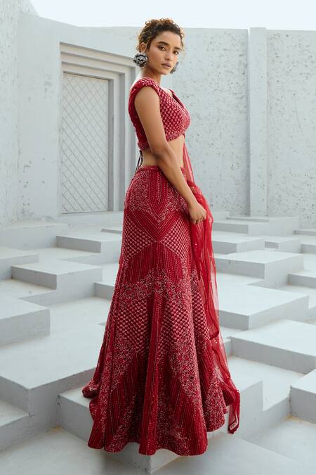 Chamee And Palak Red Silk, Net Sequins, Beads Floral Embellished Lehenga Set at Aza Fashions Chamee And Palak_Red Silk, Net Sequins, Beads Floral Embellished Lehenga Set _at_Aza_Fashions