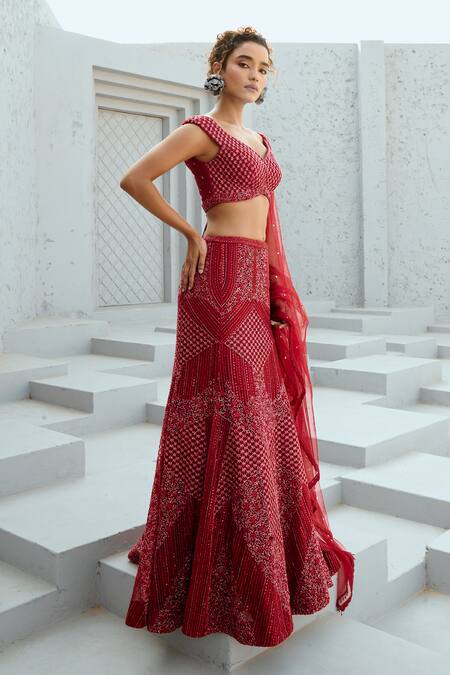 Buy Chamee And Palak Red Silk, Net Sequins, Beads Floral Embellished Lehenga Set Buy_Chamee And Palak_Red Silk, Net Sequins, Beads Floral Embellished Lehenga Set