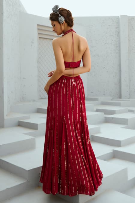 Chamee And Palak Gusset Embellished Red Lehenga Set 