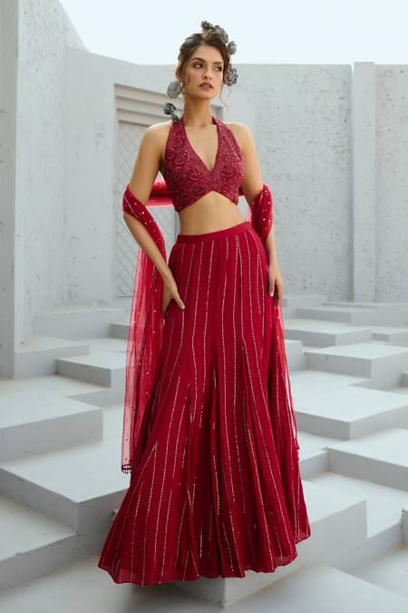 Shop Chamee And Palak Red Georgette, Silk, Net Beads, Embroidery, Gusset Embellished Lehenga Set Online at Aza Fashions Shop_Chamee And Palak_Red Georgette, Silk, Net Beads, Embroidery, Gusset Embellished Lehenga Set _Online_at_Aza_Fashions