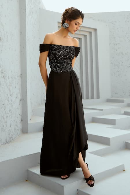 Chamee And Palak Black Satin, Silk, Organza Beads, Stones Embellished Corset And Draped Skirt Set Online at Aza Fashions Chamee And Palak_Black Satin, Silk, Organza Beads, Stones Embellished Corset And Draped Skirt Set _Online_at_Aza_Fashions