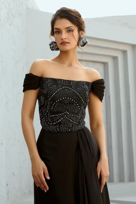 Buy Chamee And Palak Black Satin, Silk, Organza Beads, Stones Embellished Corset And Draped Skirt Set Online at Aza Fashions Buy_Chamee And Palak_Black Satin, Silk, Organza Beads, Stones Embellished Corset And Draped Skirt Set _Online_at_Aza_Fashions
