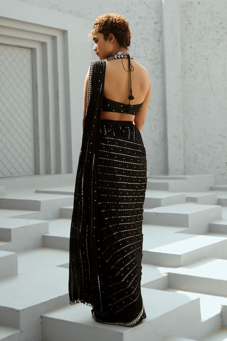 Chamee And Palak Black Georgette, Silk Sequins, Beads, Galaxy Embellished Pre-draped Saree Set Online at Aza Fashions Chamee And Palak_Black Georgette, Silk Sequins, Beads, Galaxy Embellished Pre-draped Saree Set _Online_at_Aza_Fashions