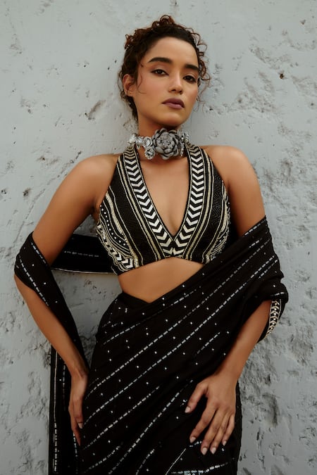 Shop Chamee And Palak Black Georgette, Silk Sequins, Beads, Galaxy Embellished Pre-draped Saree Set Online at Aza Fashions Shop_Chamee And Palak_Black Georgette, Silk Sequins, Beads, Galaxy Embellished Pre-draped Saree Set _Online_at_Aza_Fashions