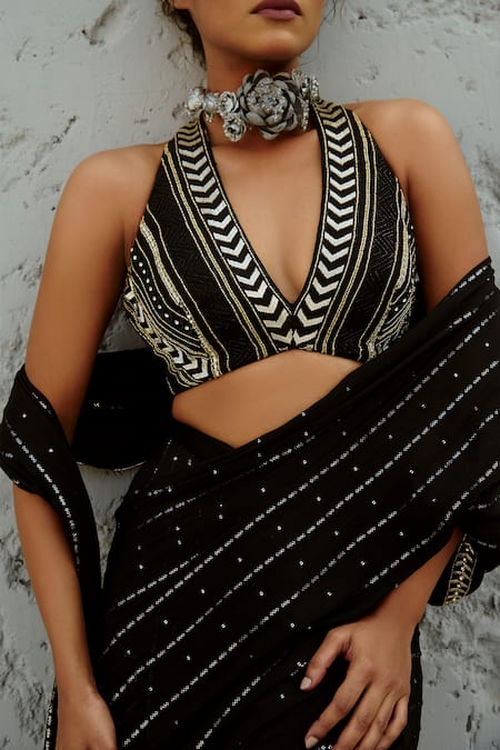 Chamee And Palak Black Georgette, Silk Sequins, Beads, Galaxy Embellished Pre-draped Saree Set at Aza Fashions Chamee And Palak_Black Georgette, Silk Sequins, Beads, Galaxy Embellished Pre-draped Saree Set _at_Aza_Fashions