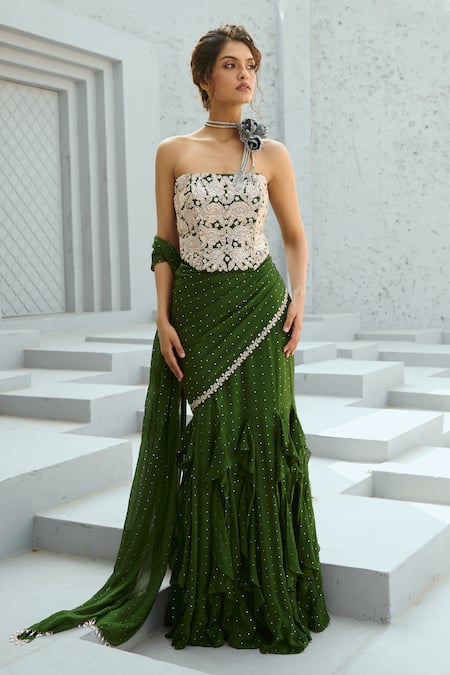 Buy_Chamee And Palak_Cream Georgette, Silk Sequins, Beads Embellished Pre-draped Saree And Corset Set _Online_at_Aza_Fashions