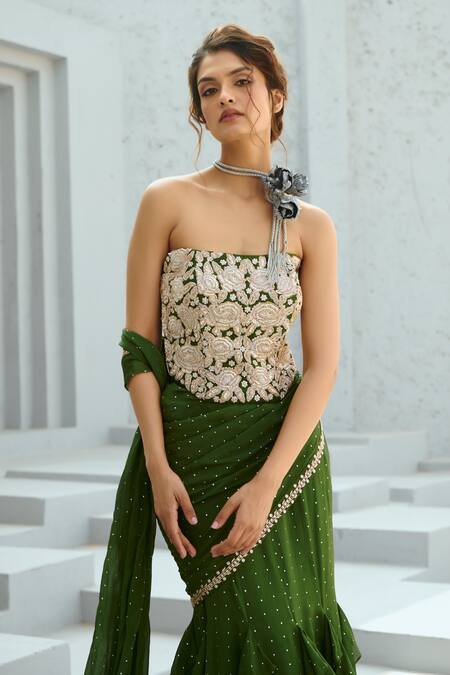 Shop_Chamee And Palak_Cream Georgette, Silk Sequins, Beads Embellished Pre-draped Saree And Corset Set _Online_at_Aza_Fashions