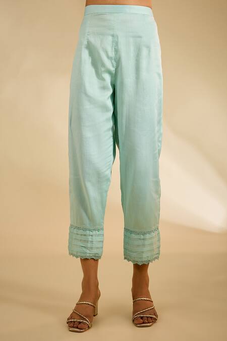 Buy_Kaia_Blue Organza, Chanderi Sequins, Embroidery, Lace V-neck Floral Kurta Set_Online_at_Aza_Fashions