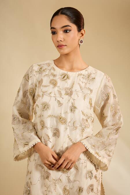 Buy_Kaia_White Silk, Organza Sequins, Zari, Embroidery Round Neck Floral Vine Kurta Set_Online_at_Aza_Fashions