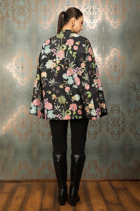 Shop_Tanu Malhotra_Black Floral Print Mirror Embroidered Cape _at_Aza_Fashions