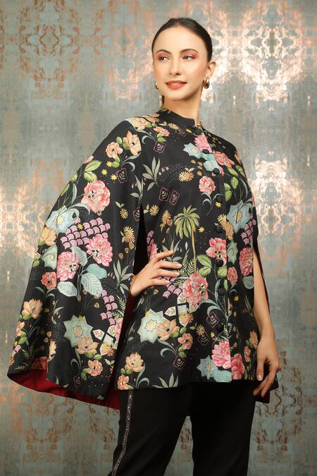 Tanu Malhotra_Black Floral Print Mirror Embroidered Cape _Online_at_Aza_Fashions