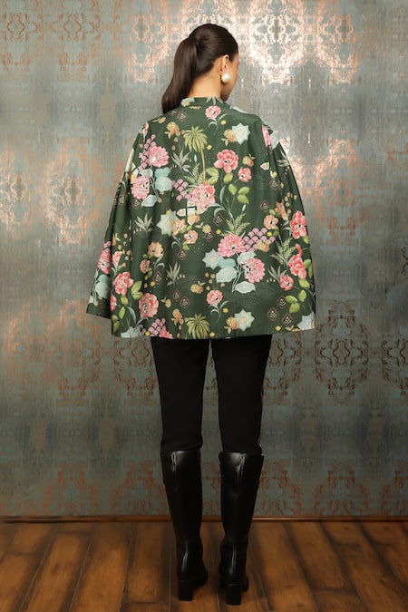 Shop_Tanu Malhotra_Green Flora Print And Mirror Embroidered Cape _at_Aza_Fashions