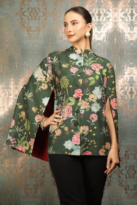 Buy_Tanu Malhotra_Green Flora Print And Mirror Embroidered Cape _Online_at_Aza_Fashions