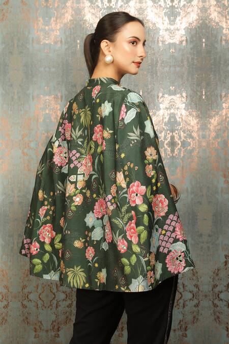 Tanu Malhotra_Green Flora Print And Mirror Embroidered Cape _at_Aza_Fashions