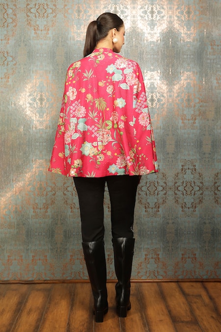 Shop_Tanu Malhotra_Pink Bloom Print And Mirror Embroidered Cape _at_Aza_Fashions