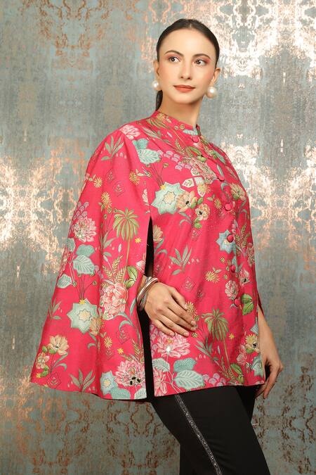 Tanu Malhotra_Pink Bloom Print And Mirror Embroidered Cape _Online_at_Aza_Fashions