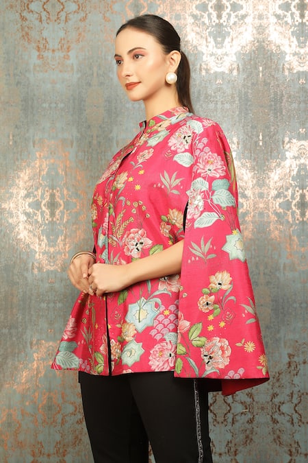 Buy_Tanu Malhotra_Pink Bloom Print And Mirror Embroidered Cape _Online_at_Aza_Fashions