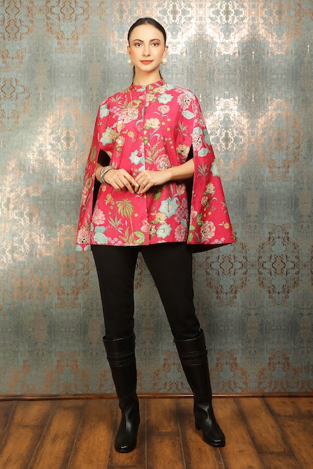 Shop_Tanu Malhotra_Pink Bloom Print And Mirror Embroidered Cape _Online_at_Aza_Fashions