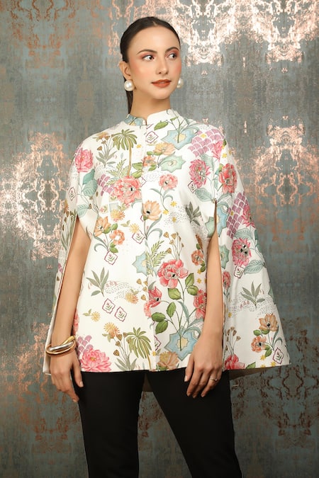 Tanu Malhotra Blossom Print & Mirror Embroidered Cape 