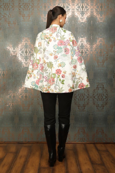 Shop Tanu Malhotra White Blossom Print Mirror Embroidered Cape at Aza Fashions Shop_Tanu Malhotra_White Blossom Print Mirror Embroidered Cape _at_Aza_Fashions