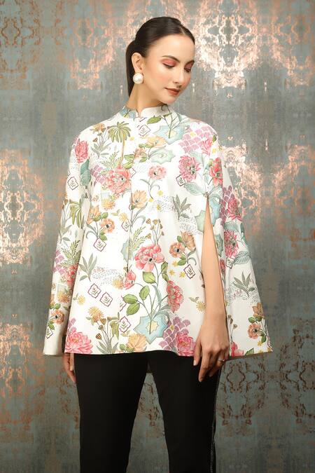 Tanu Malhotra White Blossom Print Mirror Embroidered Cape at Aza Fashions Tanu Malhotra_White Blossom Print Mirror Embroidered Cape _at_Aza_Fashions