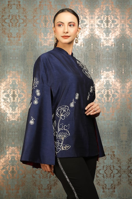 Buy_Tanu Malhotra_Blue Bloom Embroidered Cape _Online_at_Aza_Fashions