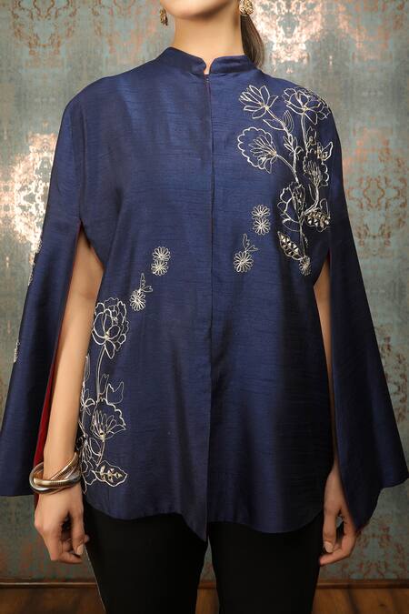 Shop_Tanu Malhotra_Blue Bloom Embroidered Cape _Online_at_Aza_Fashions